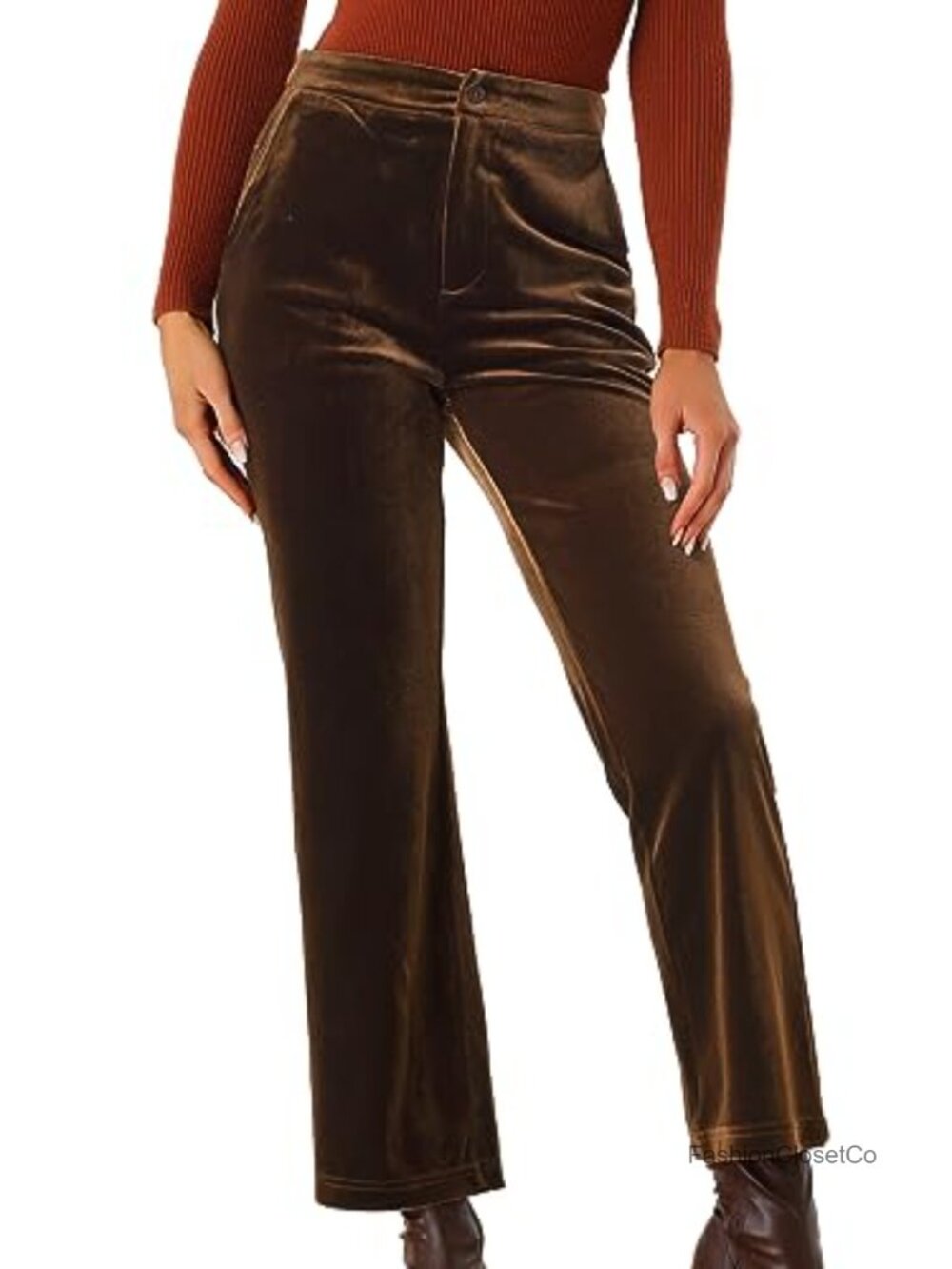 Velvet Dressy Straight Leg Trousers High Waist Ankle Pants with Pockets